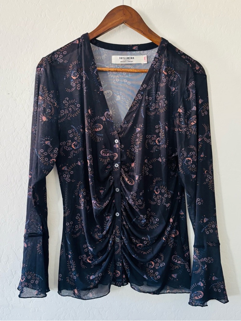 Idyllwind Miranda Lambert Black Sheer Button-Front Top Pink Paisley Western XL